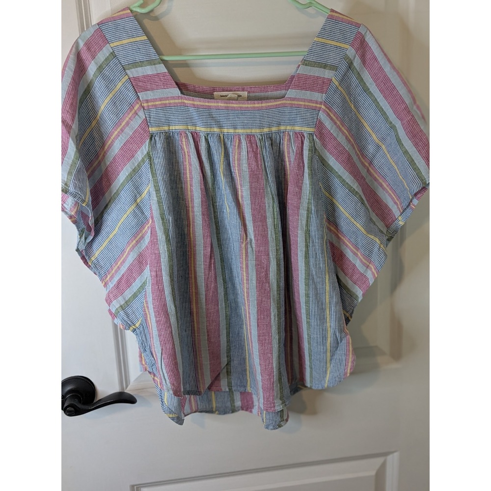 Beachlunchlounge Striped Linen Blend Square Neck Dolman Sleeve Top Small